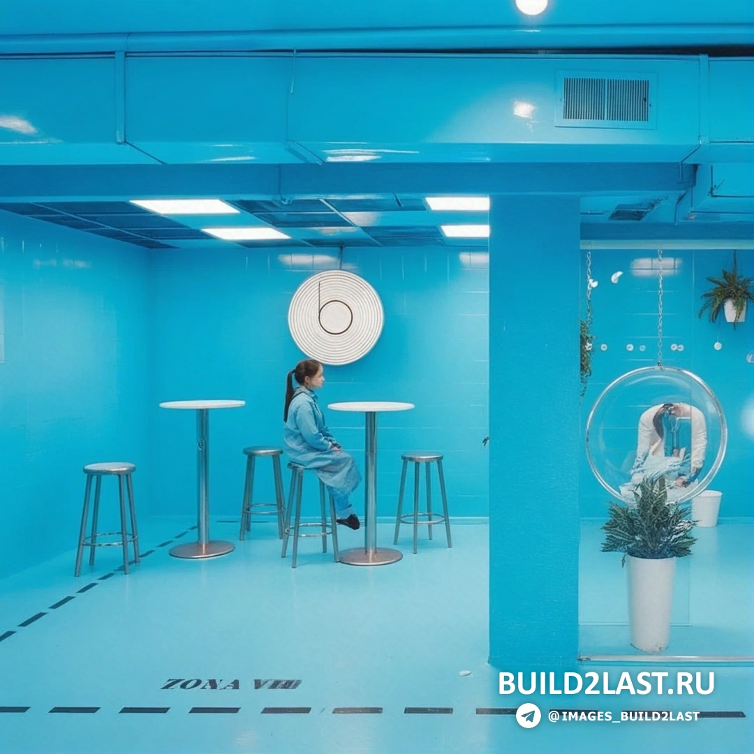 Автомойка в Мадриде с наливными полами и стеклянными конструкциями в голубом цвете.