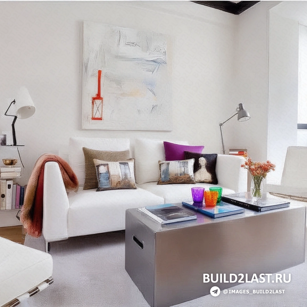 Белая гостиная с диваном, декоративными подушками и журнальным столиком в современном стиле.