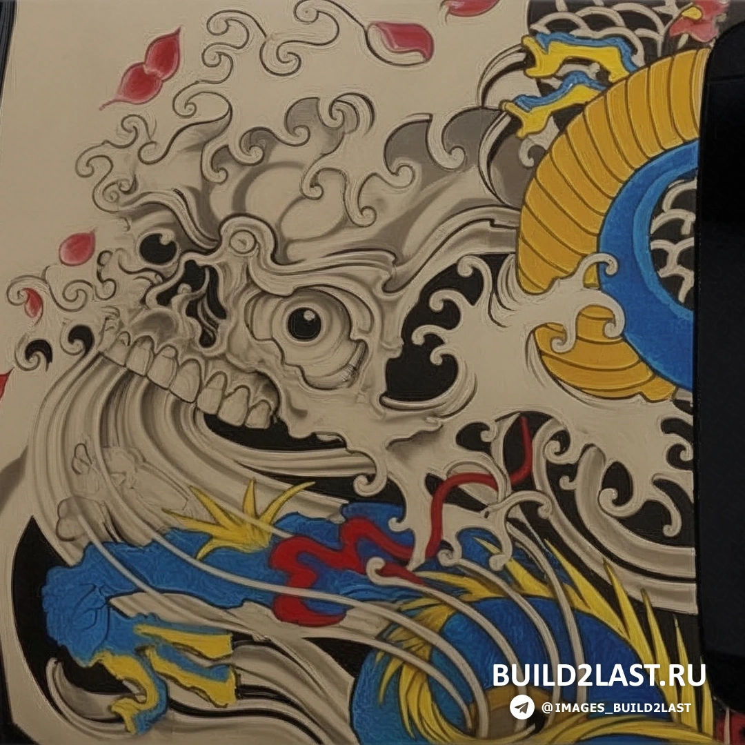 Детальный вид на татуировку на боковой панели Ferrari F430, изображение выполнено в стиле черного лайн-арта