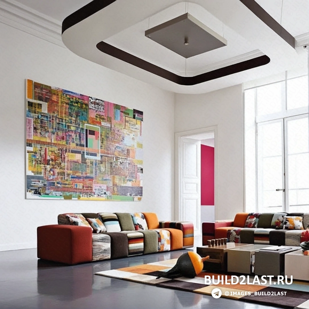 Гостиная с диваном, озеленением и торшерами, яркие розовые и желтые акценты.