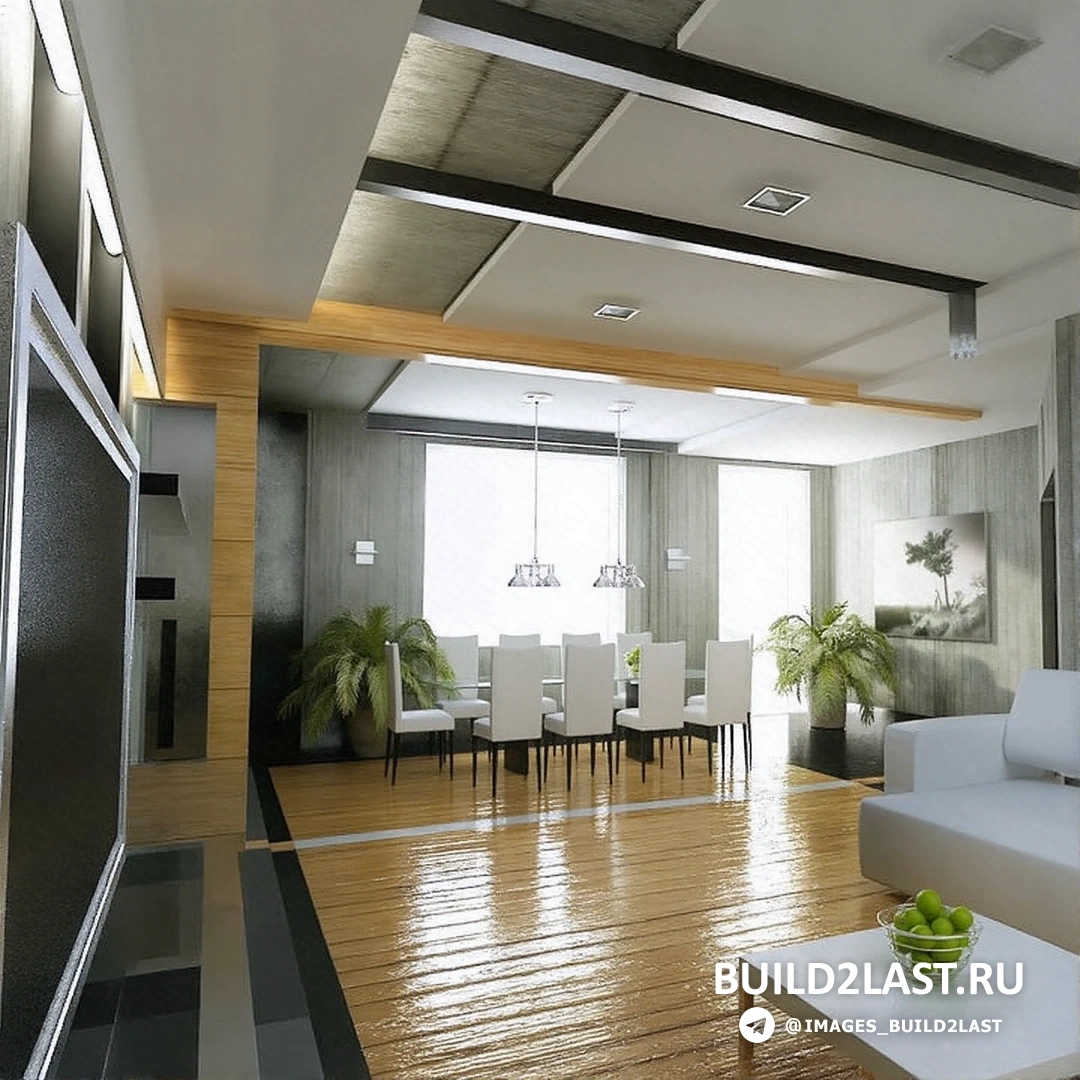 Гостиная с потолочными балками, светлым деревом и кирпичными стенами в стиле лофт