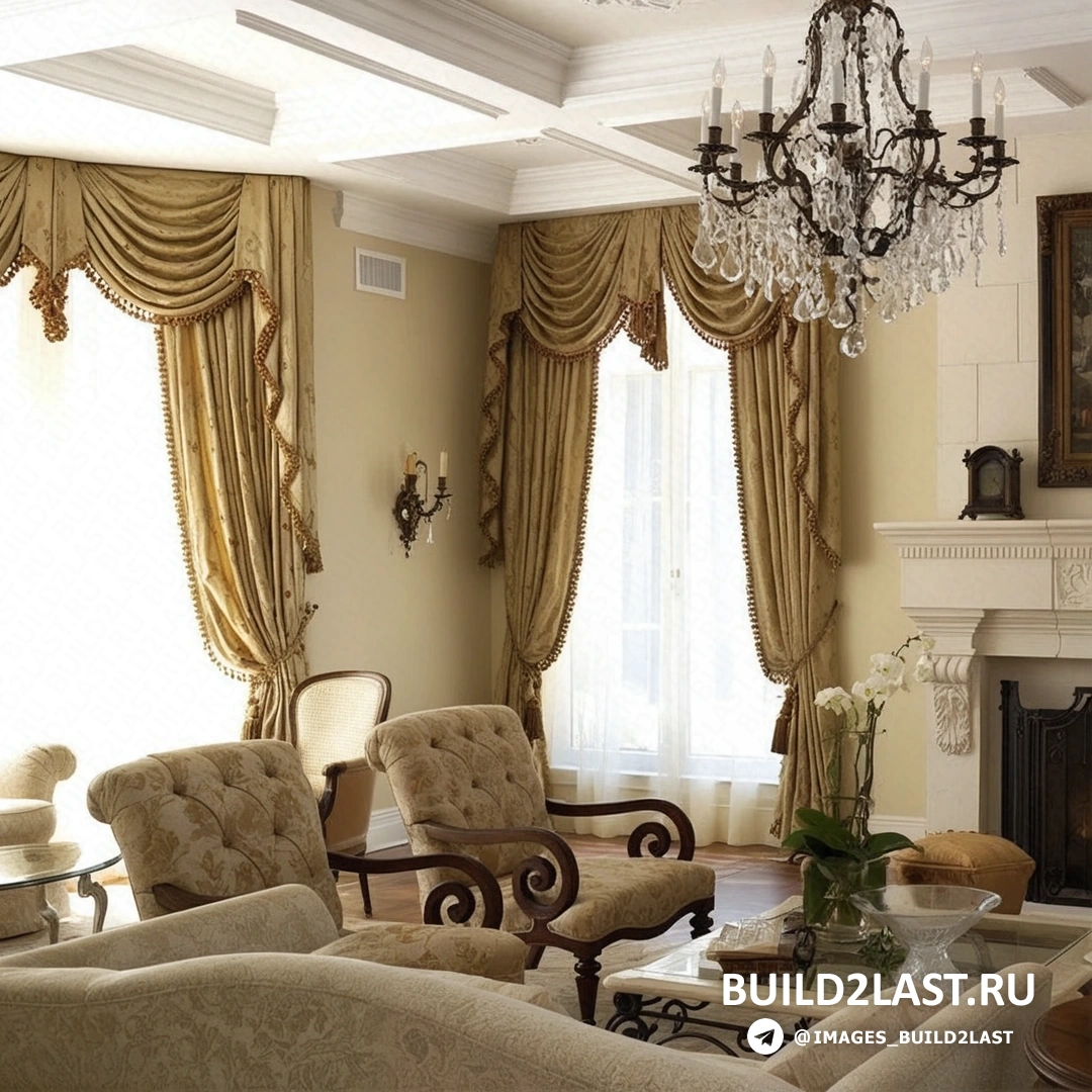 Гостиная с желтыми и золотистыми акцентами, люстрами и точечным освещением в стиле барокко.