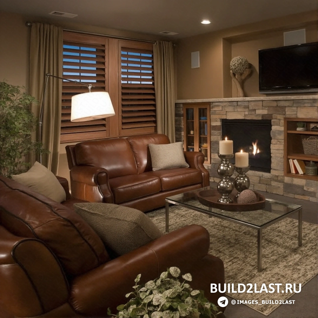 Гостиная в стиле шале с темным деревом, подвесными светильниками, камином и мебелью.