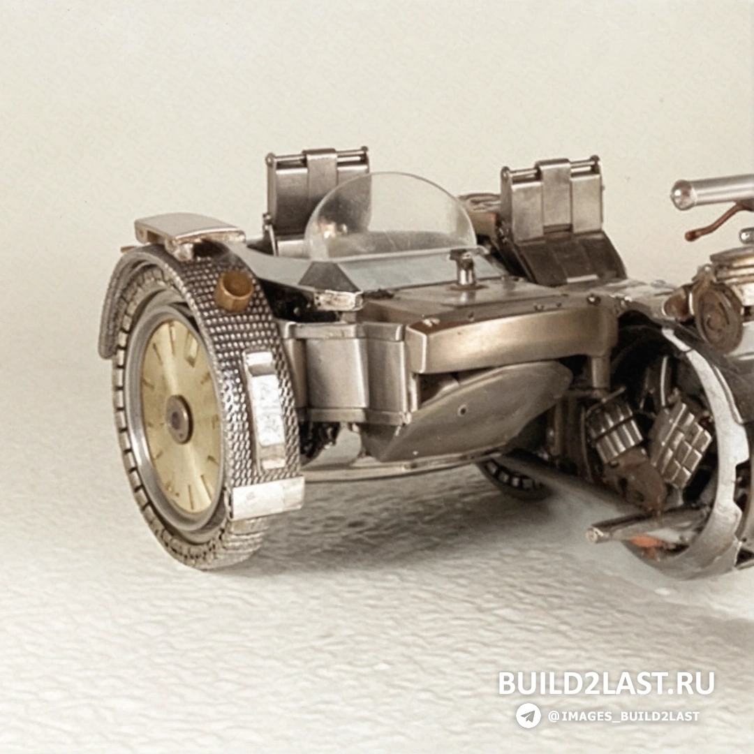 Готовая миниатюрная модель мотоцикла из наручных часов, с фокусом на колесах и двигателе.