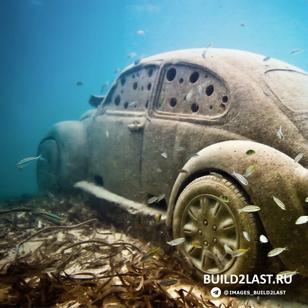 Группа подводных скульптур, среди которых видно несколько человеческих фигур, покрытых кораллами