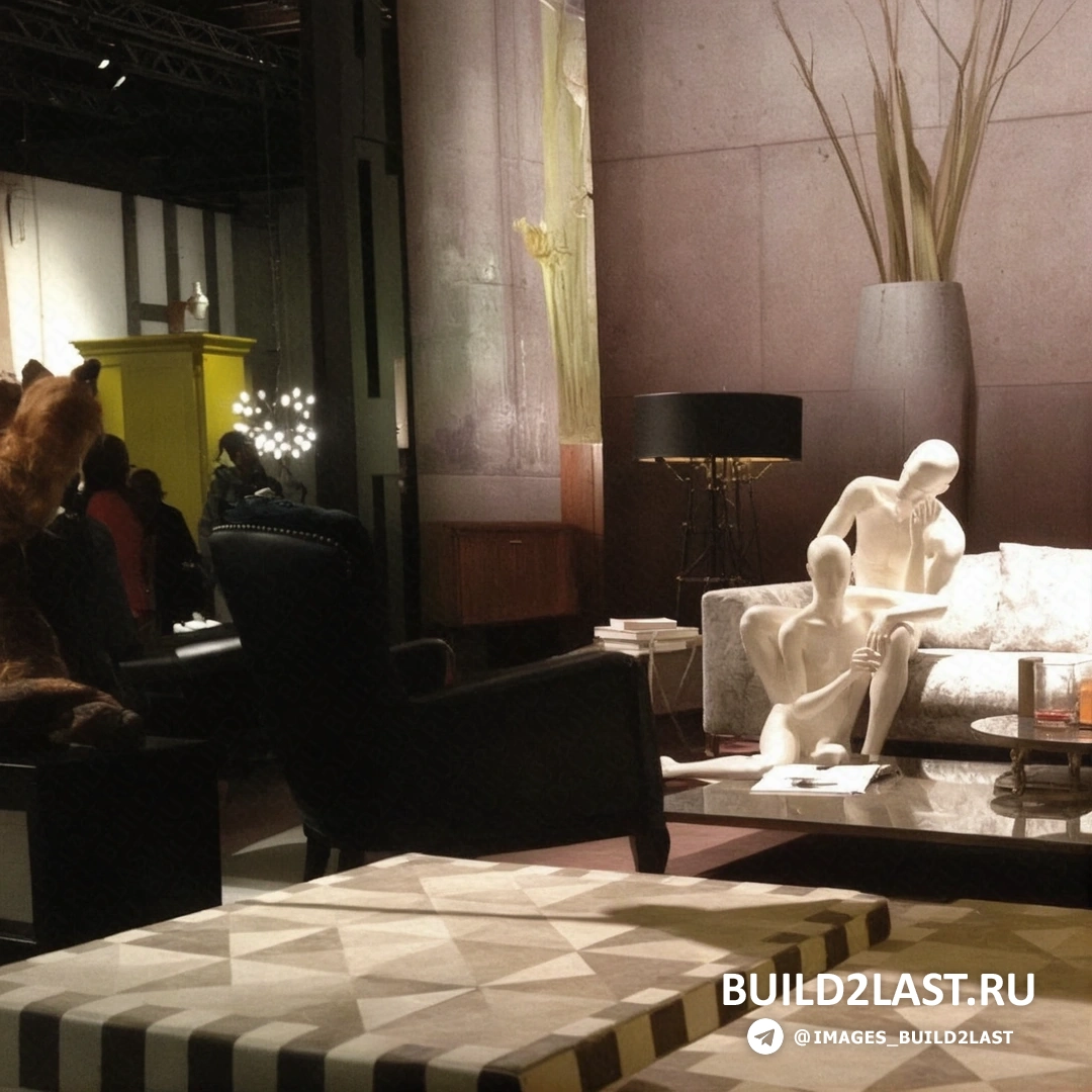 Иллюстрация с дизайнерскими люстрами, торшерами, ковром, журнальным столиком, стульями и креслами в черном, синем, сером и желтом цветах.