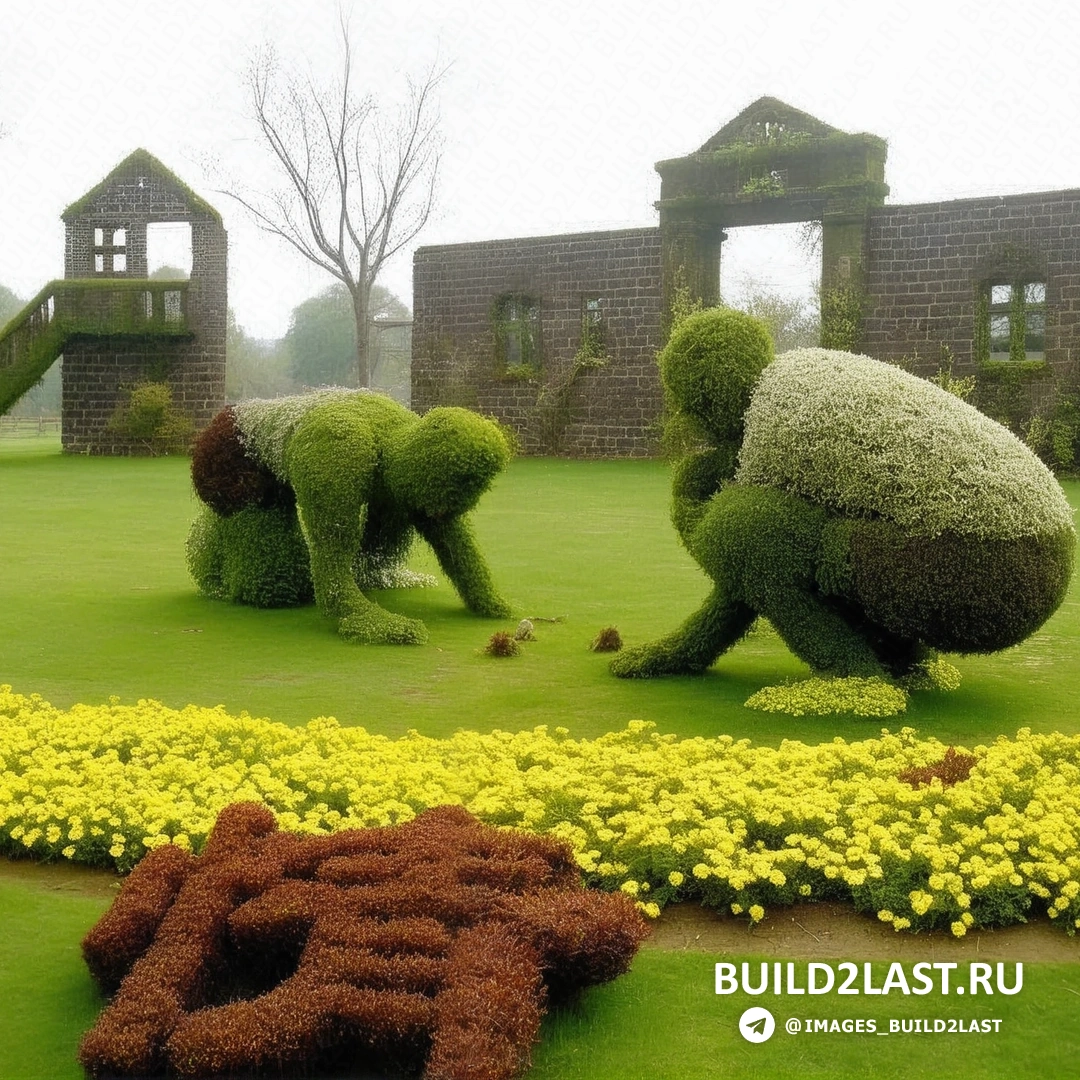 Иллюстрация вертикального озеленения, сочетающего элементы фитодизайна и скульптур.