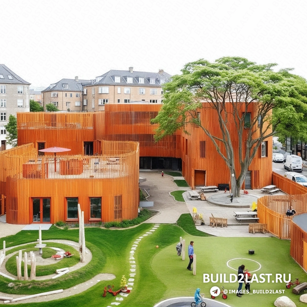 Изображение фасада детского сада Forfatterhuset Kindergarten в Копенгагене с характерной архитектурой от бюро COBE