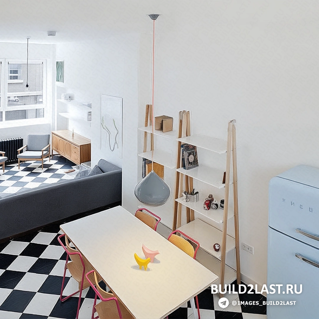 Изображение необычной жилой студии с минималистичным интерьером и большими окнами