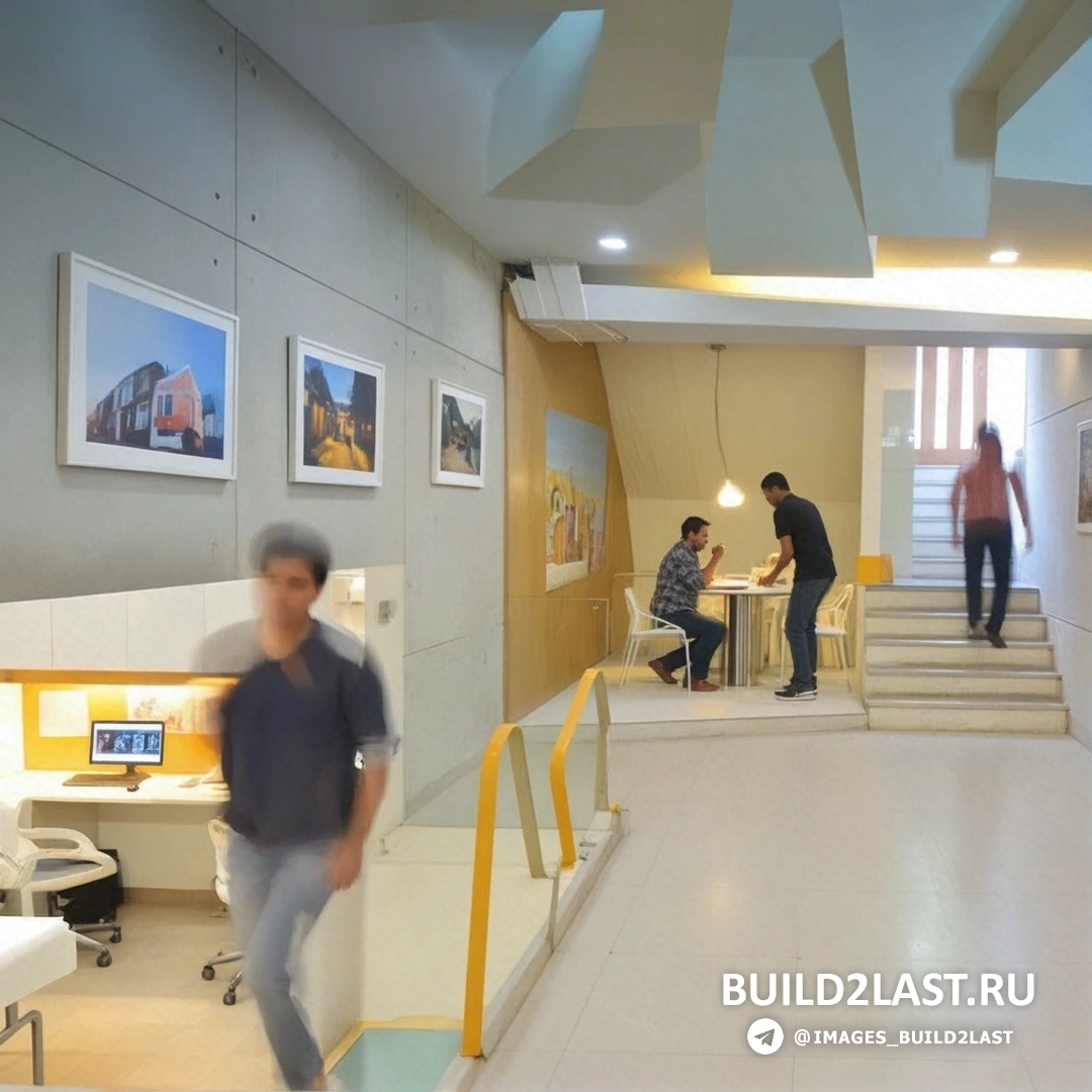 Офис с элементами темного и светлого дерева, подвесным потолком, многоуровневыми конструкциями и современной офисной мебелью, Нью-Дели, Индия.