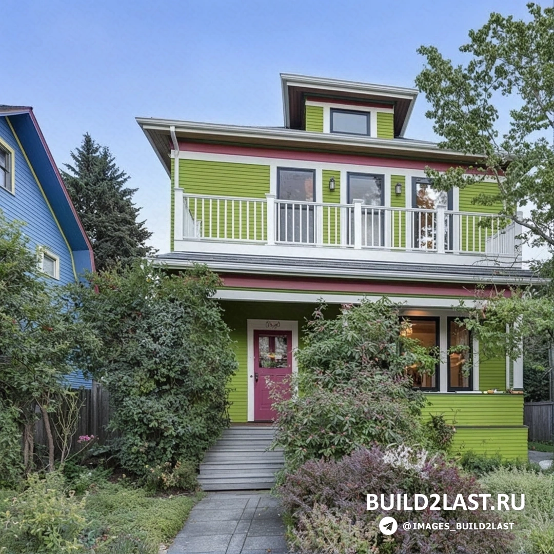 Реконструированный дом с ярким фасадом, в том числе фасад, двери и внутренний дворик, с использованием салатового, розового и белого цветов.