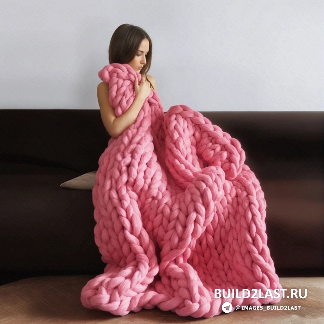 Розовое вязаное одеяло на диване в гостиной с ламинатным покрытием, дизайнерская вещь от Анны Мо