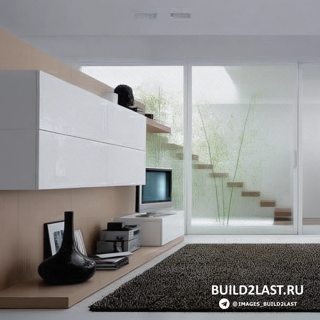 Современная гостиная с минималистичной мебелью, просторным диваном и большим окном с видом на город