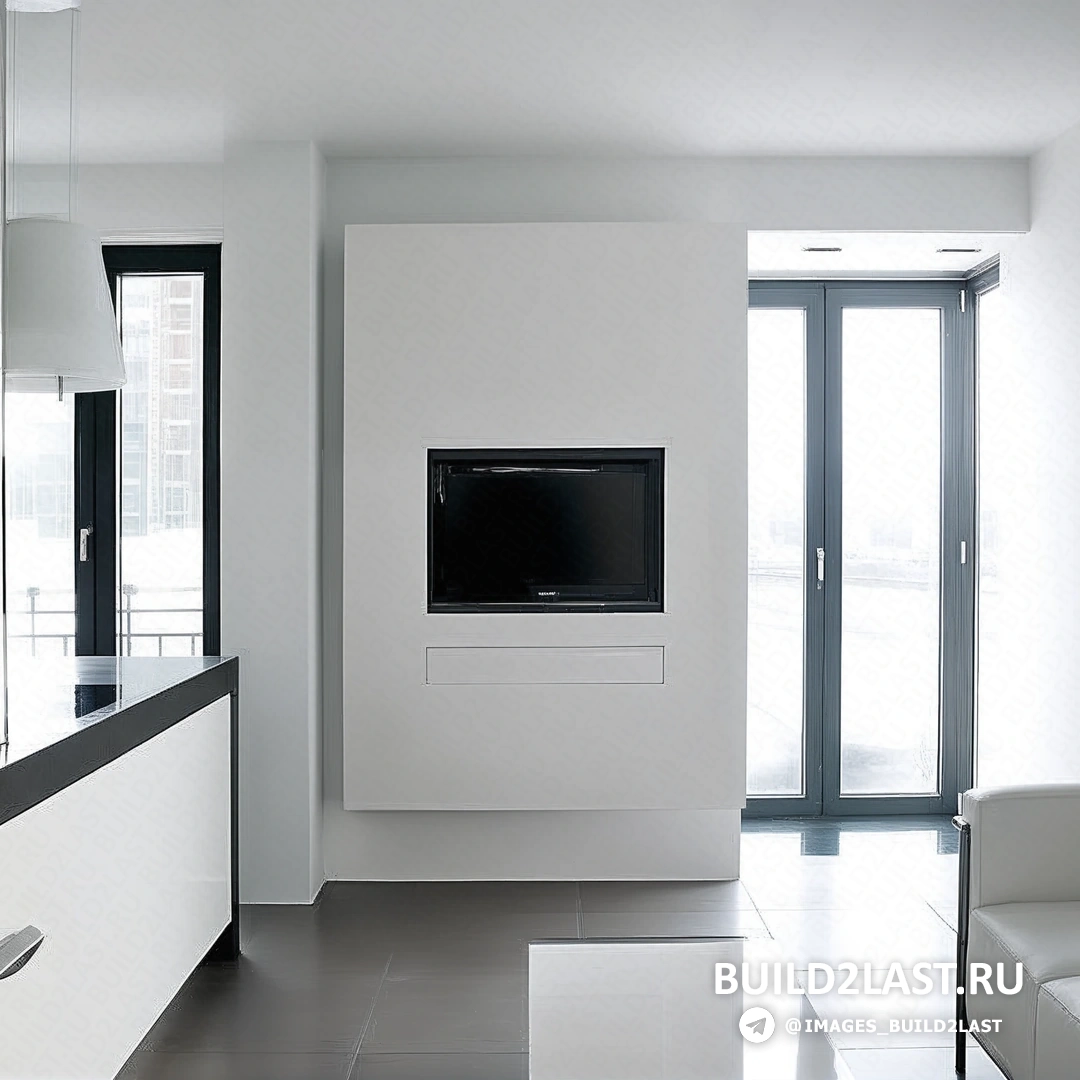 Современная кухня в стиле хай-тек с гладкими поверхностями и встроенной техникой в квартире-студии