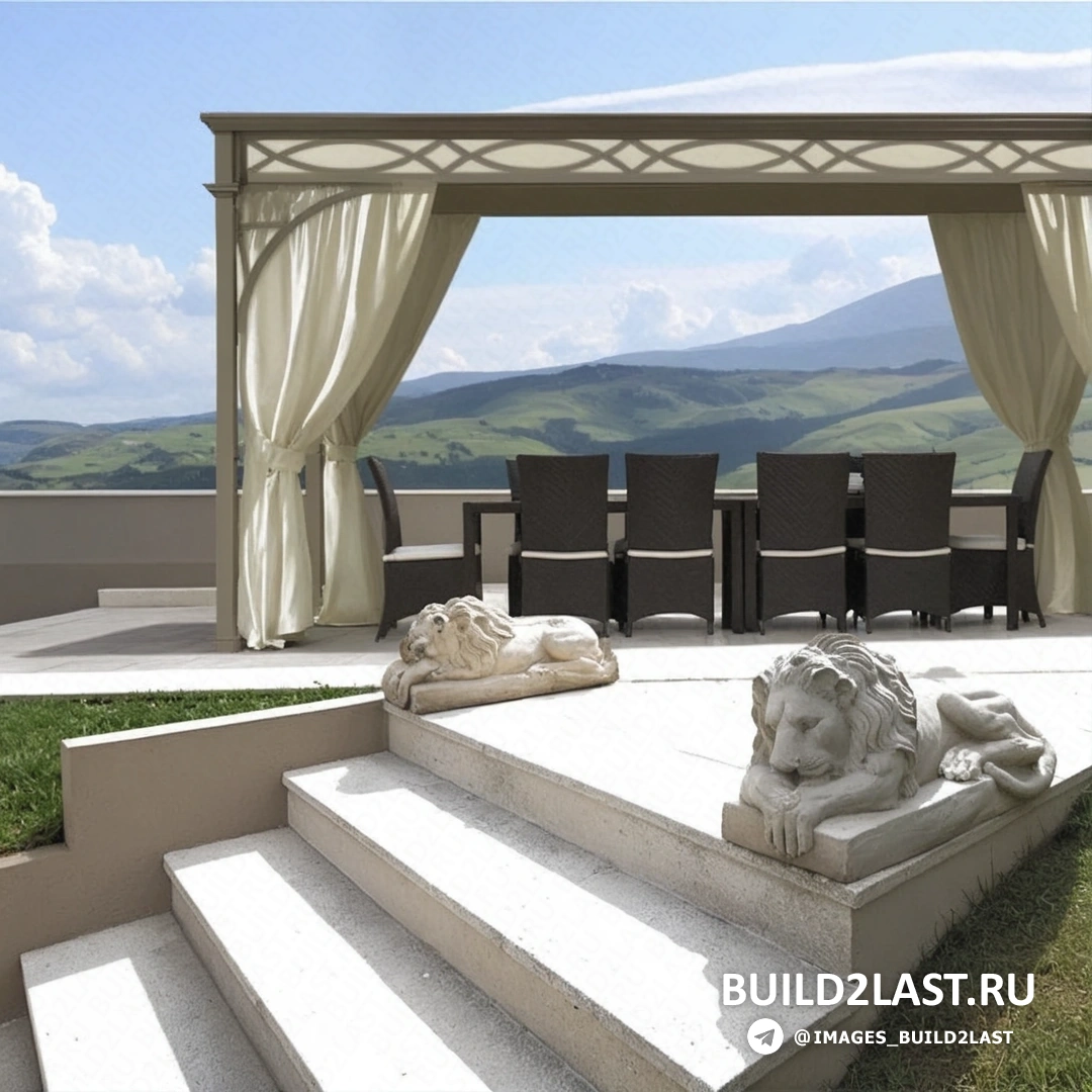 Современная садовая беседка с плетеной мебелью, бассейном и стеклянным фасадом.