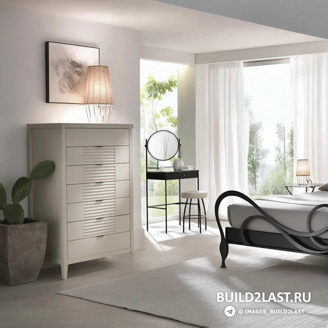 Современная спальня с панорамным остеклением, серыми и белыми акцентами, двуспальной кроватью и прикроватными тумбочками