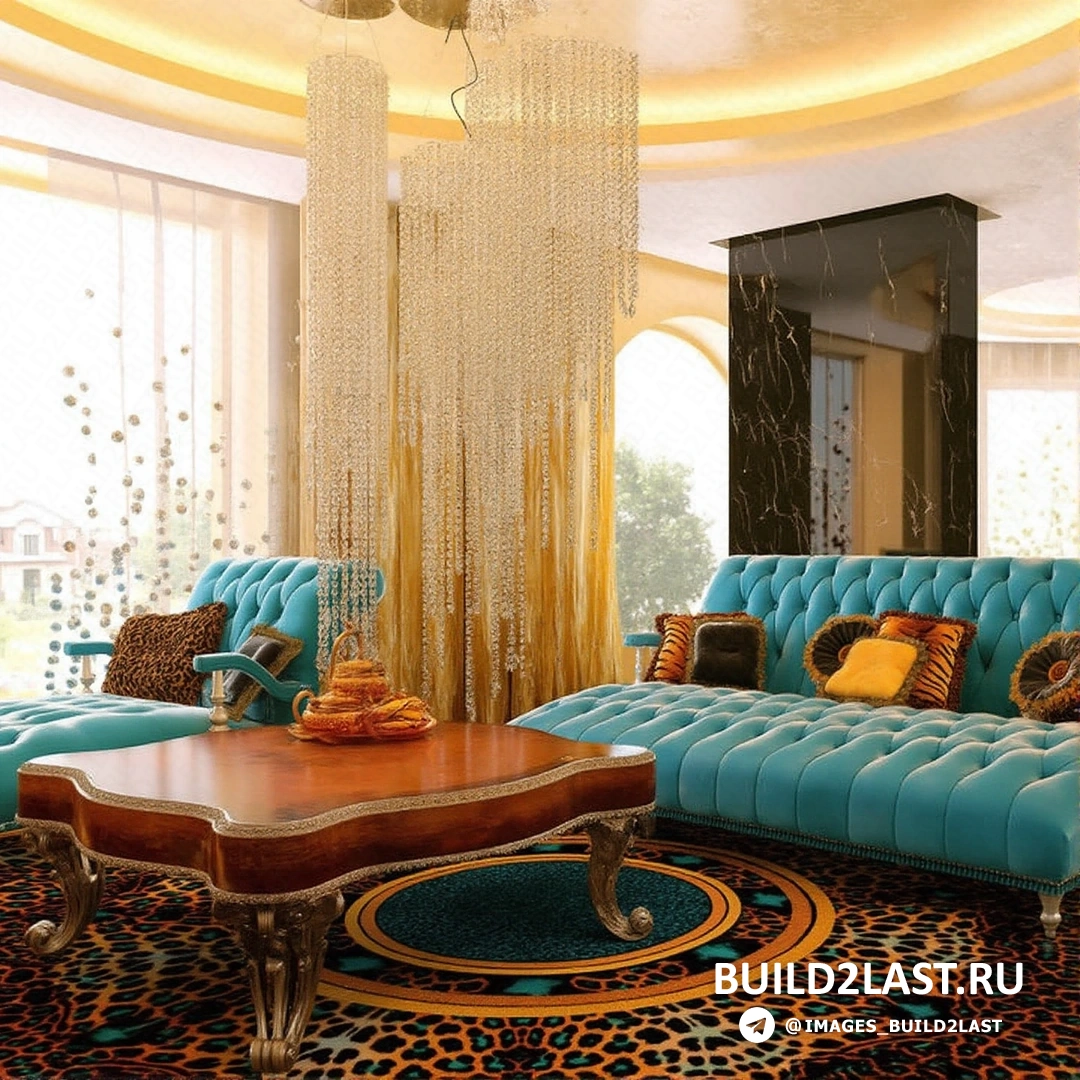 Современный интерьер гостиной с яркими акцентами и необычным освещением, характерным для арт-деко