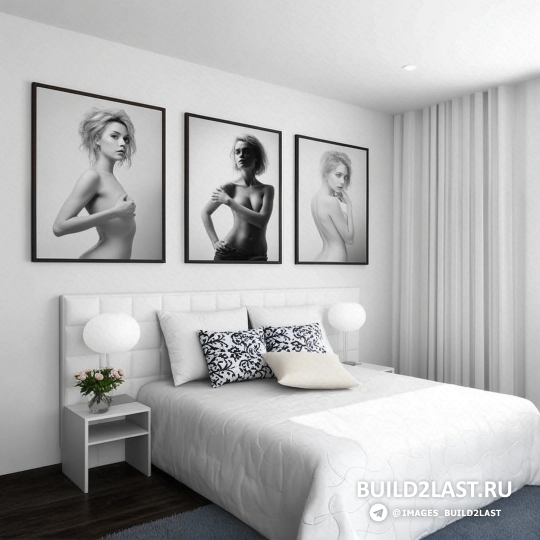 Спальня с белыми стенами и деревянными элементами, уютное пространство с белым ковром и мягкими подушками