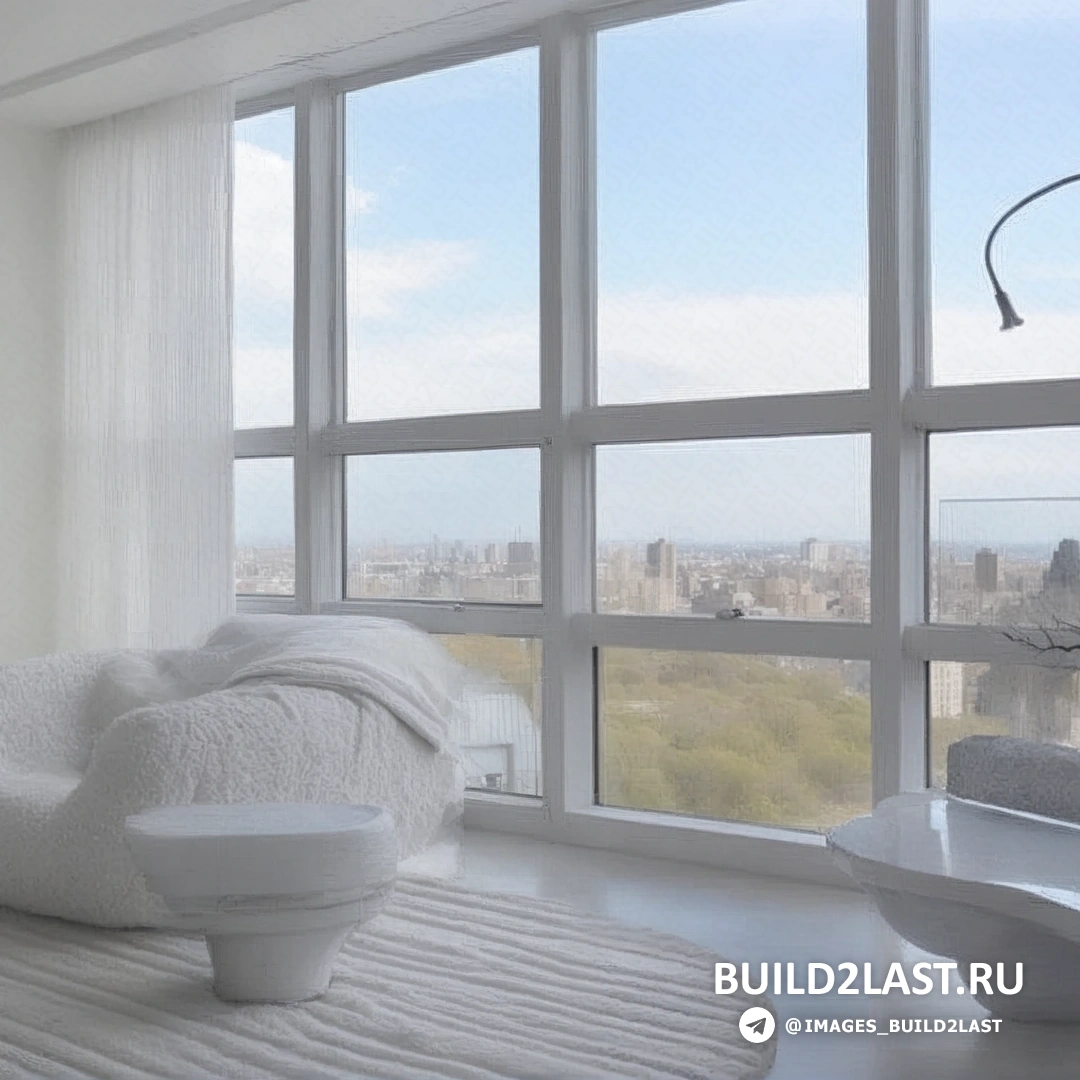 Столовая и гостиная в пастельных тонах с панорамными окнами, креслами и ковром.