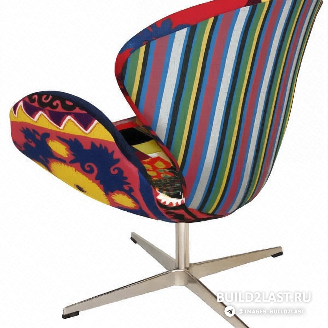 Стул с ярким абстрактным рисунком в помещении с ярким освещением.