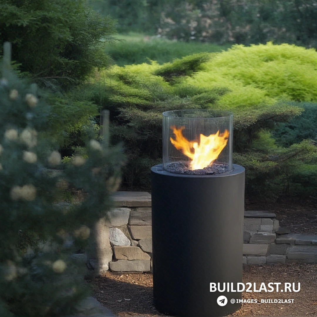 Терраса с диваном, камином и термодеревом для стильного уличного отдыха