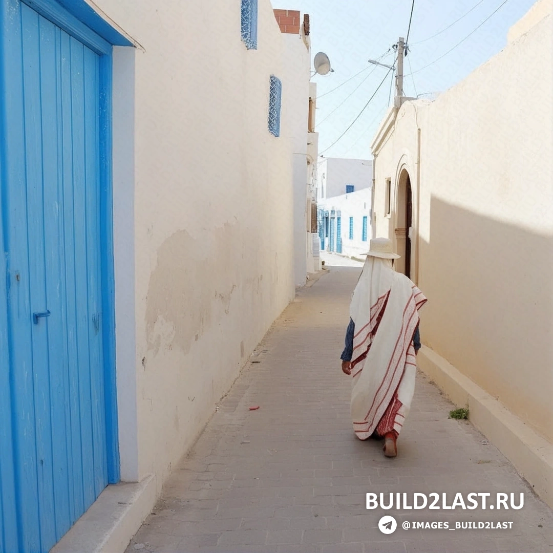 Творение Мехди Бен Шейха в Тунисе, выполненное в бежевых и голубых тонах, часть стрит-арт проекта DJERBAHOOD.