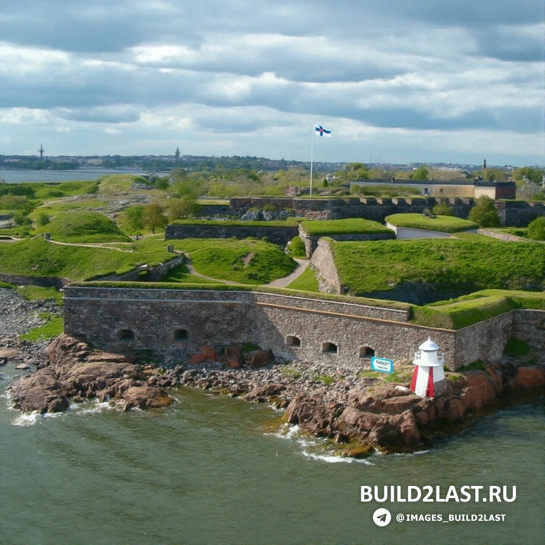 Вход в Крепость Суоменлинна в Финляндии с её крепостными стенами и башнями.