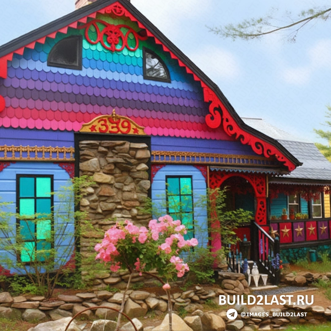 Задний двор дома, украшенный разноцветными растениями, с детализированными облаками на небе