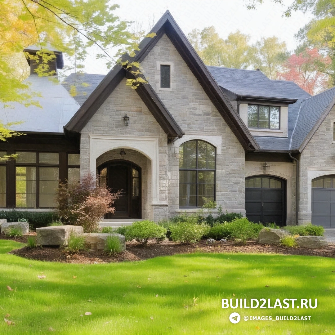 Загородный дом с фасадом, стеклянными элементами и ландшафтным дизайном во внутреннем дворике.