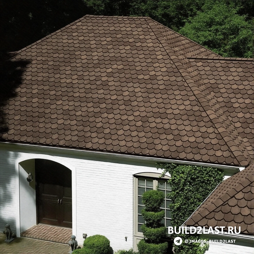 Загородный дом с кирпичной стеной, эркером и многоуровневой крышей